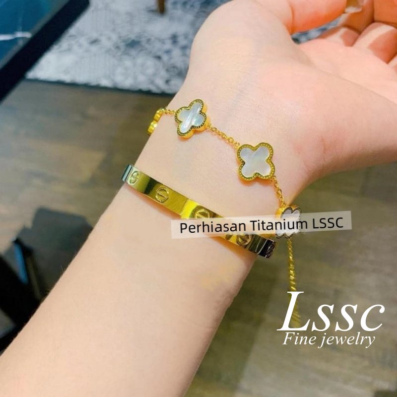 Gelang Titanium Bunga Hitam Keberuntungan Cantik Wanita Anti Karat Emas 18K Perhiasan Fashion Korea
