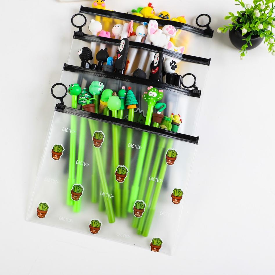 

ふ MOLAMOLA HL0078 Pena Karakter Set Pouch Isi 20 Pcs Tempat Pensil Transparan Zipper Bag ド