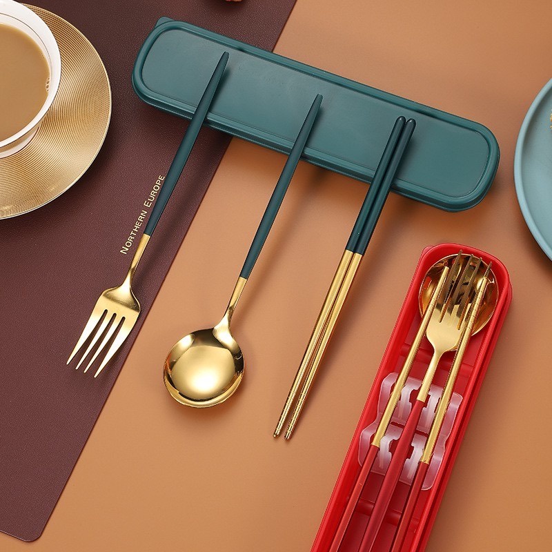Murah Lebay S116 Alat Makan Cutlery Set Sendok Garpu Sumpit Emas Portable Korean Korea Dengan Wadah