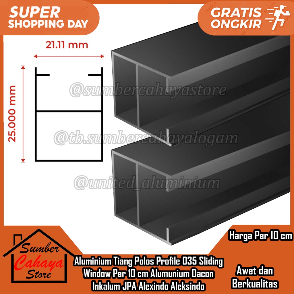 Aluminium Tiang Polos Profile 035 Sliding Window Per 10 cm Alumunium Dacon Inkalum Damai Abadi JPA A