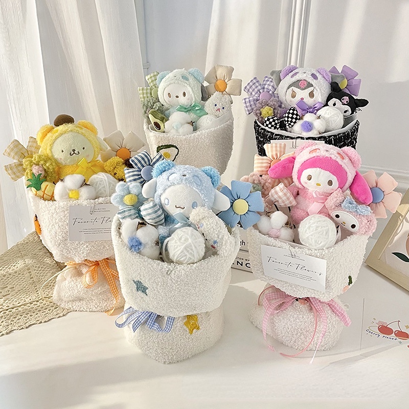 Sanrio Cinnamonroll Kuromi Melody Boneka Mewah Buket Untuk Anak Pacar Dan Sahabat Kreatif Kotak Bunga