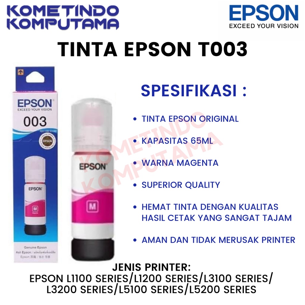 TKDN BOX T 003 Magenta 65ml Tinta Epson Jamin 100% Original Box 003 MERAH Untuk Epson L1110, L1210, L1250, L3110, L3210, L3150, L3250, L3550, L5190, L5290, L5590, L11050, L1216, L1256, L3216, L3256, L5296, L1211, L1251, L3211, L3251 - T003