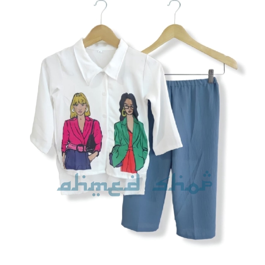 PROMO SETELAN KEMEJA CROP ANIME ANAK PEREMPUAN UMUR 3-12 TAHUN || SETCEL CRINKLE PRINTING ANAK PEREM