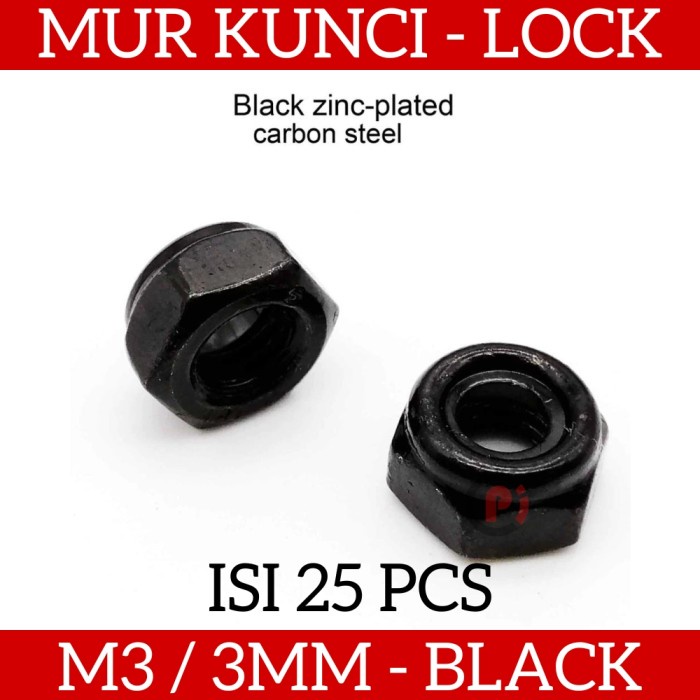 Isi 25 Pcs Mur Kunci Self Locking Hex Insert Lock Nut M3 3mm Black