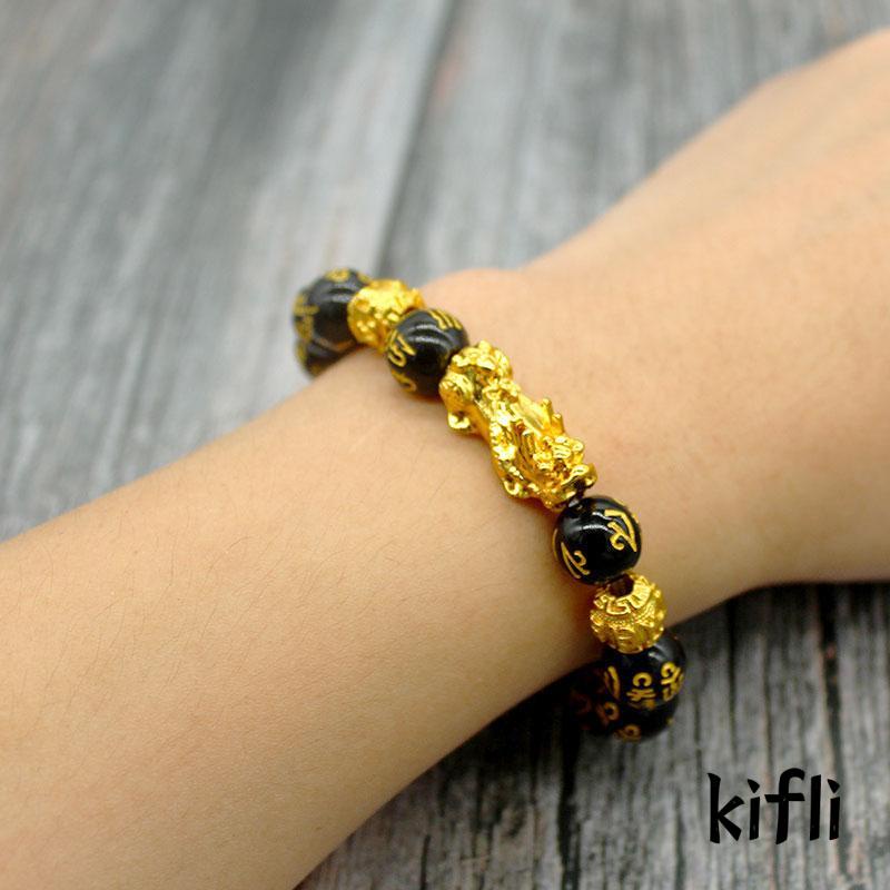 【kifli】Manik Gelang Fashion Retro Feng Shui Obsidian Emas Hitam Pria Wanita Netral Imitasi Obsidian Gelang Simple Fashion Import