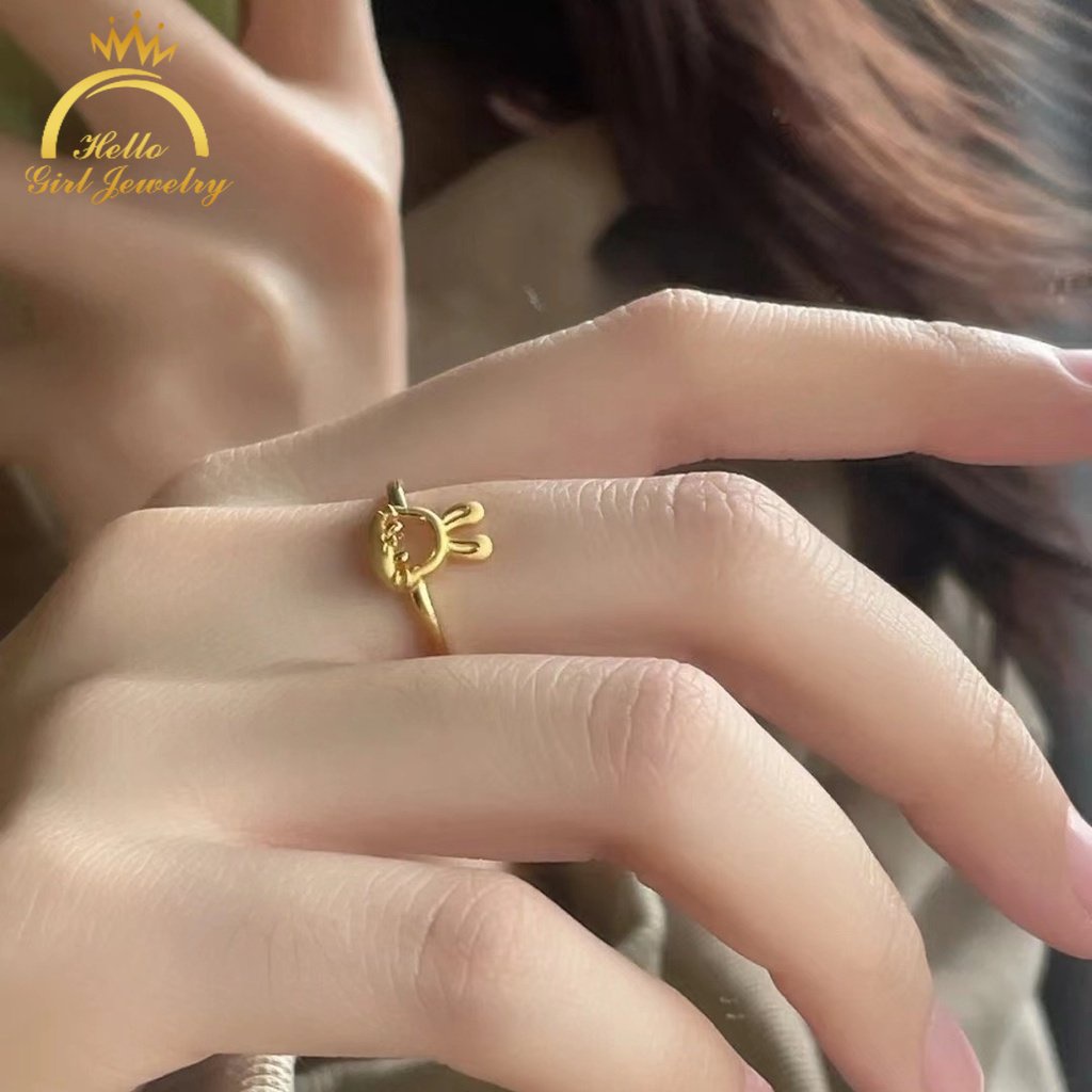 Cincin Model Terbuka Adjustable Desain Kelinci Warna Silver Untuk Wanita 2023 HELLO