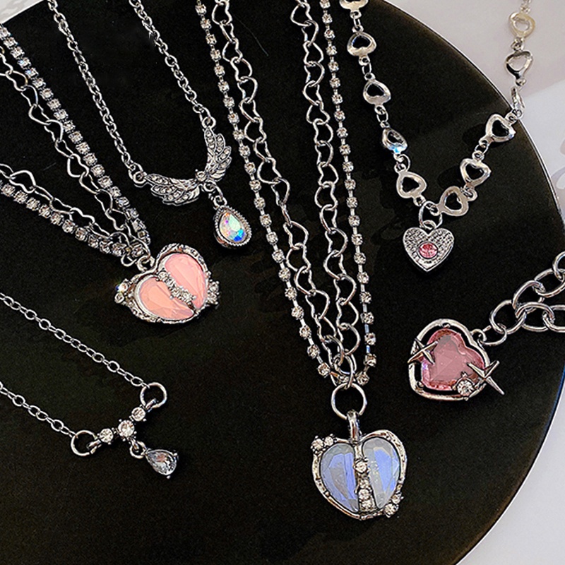 Fashion Silver Necklace for Women Pink Tulip Heart Pendant Necklaces Crystal Gemstone Chain Choker Jewelry Accessories