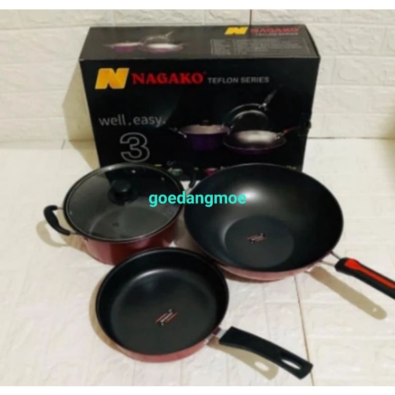 NAGAKO QME Panci teflon series set 3pc Frypan Wajan Wok anti lengket