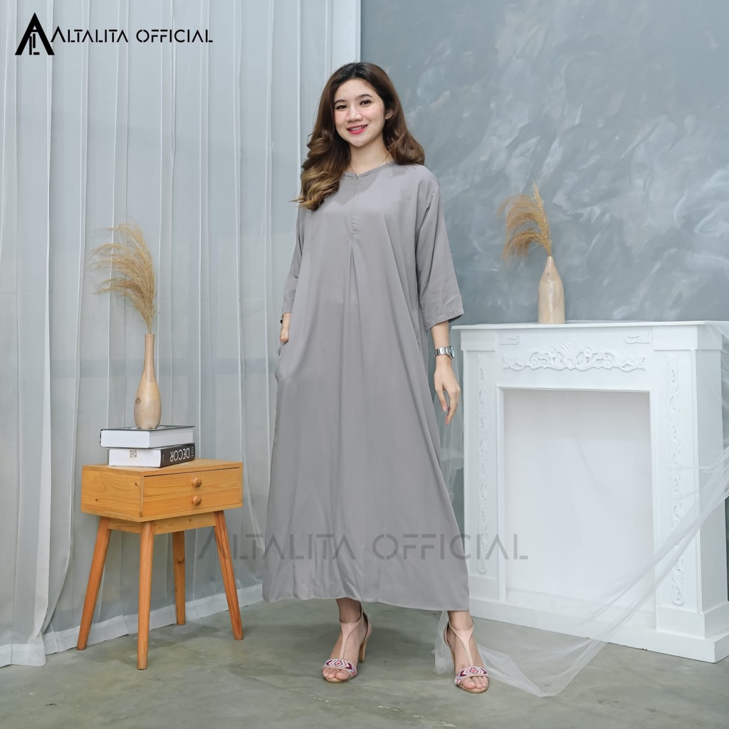 Altalita - Daster Gamis Polos Lengan Tangan Panjang 3/4 Longdress Muslim Jumbo LD 120 Homedress Panjang Busui Lengan Panjang Semata Kaki Bahan Katun Rayon Adem Tebal Premium