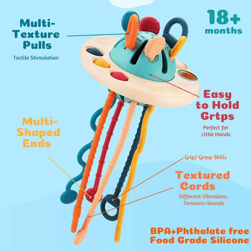 Mainan Edukasi Anak Sensory Motorik Pull String Toy Baby Teether BPA FREE Gigitan Silicone Food Grade Pop it Rattle Kado Bayi Krincingan Travel Fine Motor Skills Busy Toy Tummy Time Montessori Mainan Kerincingan Aktivitas Gantung Stroller Car Seat Boks