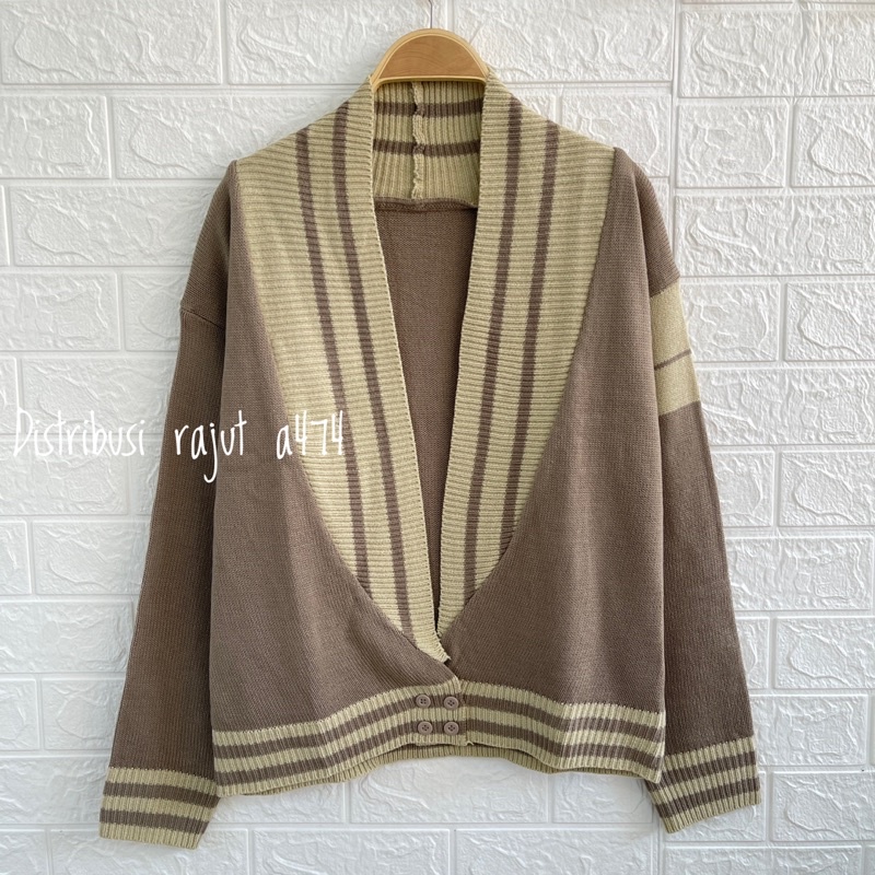 YOKOHAMA CARDIGAN RAJUT KANCING MOTIF GARIS GARIS OUTER WANITA KOREA