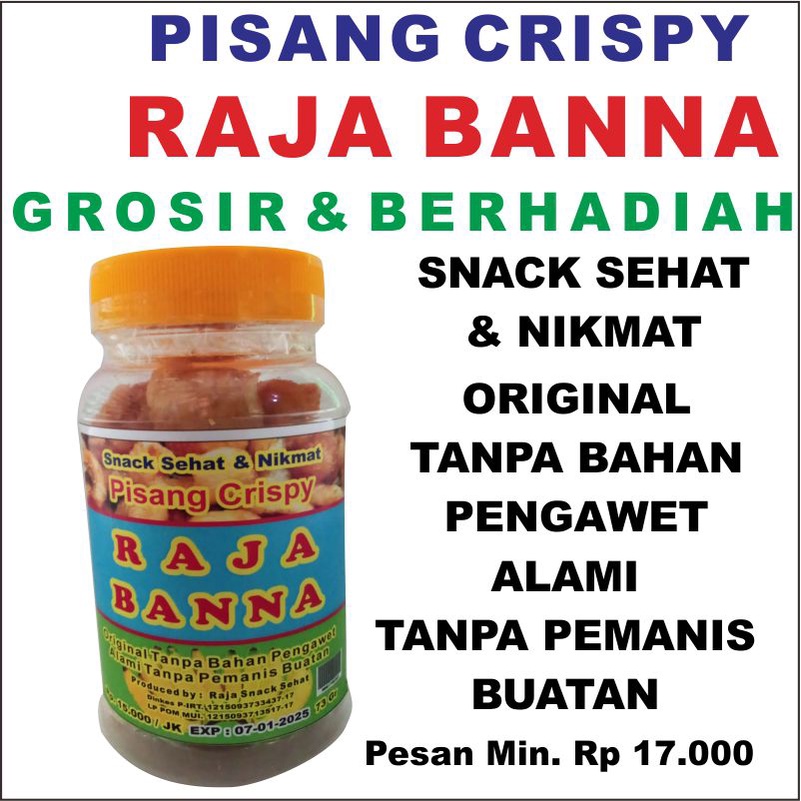 

PISANG CRISPY RAJA BANNA Istimewa Grosir & Berhadiah Snack Sehat dan Nikmat 73 gram Renyah Original Tanpa Bahan Pengawet, Alami Tanpa Pemanis Buatan Kemasan Toples KRIPIK RAMBAK PISANG BANANA CRUNCH SELE CEMILAN ANNUR KARANGAYU TOKO 9999 Pisang Crispi