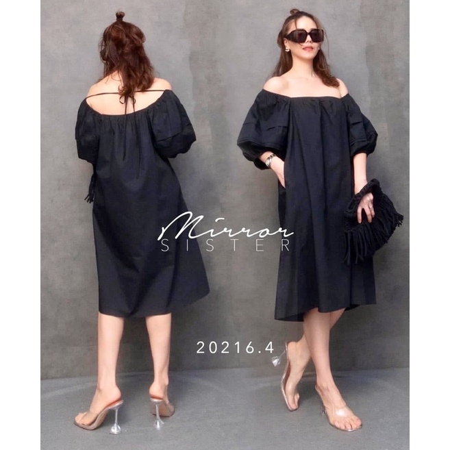 DRESS WANITA SABRINA HITAM CASUAL BASIC KOREA STYLE