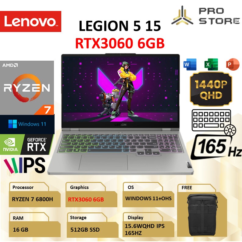 LAPTOP GAMING LENOVO LEGION 5 15 RTX3060 6GB WQHD IPS 165HZ RYZEN 7 6800H RAM 16GB 512GB SSD W11
