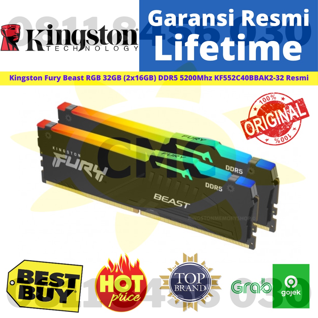 Kingston Fury Beast DDR5 RGB 32GB 16x2 5200MHz KF552C40BBAK2-32 Resmi