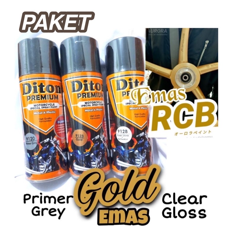 PAKET Diton Premium Gold 9123 Emas RCB 400ml termasuk Epoxy Clear Pilok Tahan Bensin Cat semprot mot