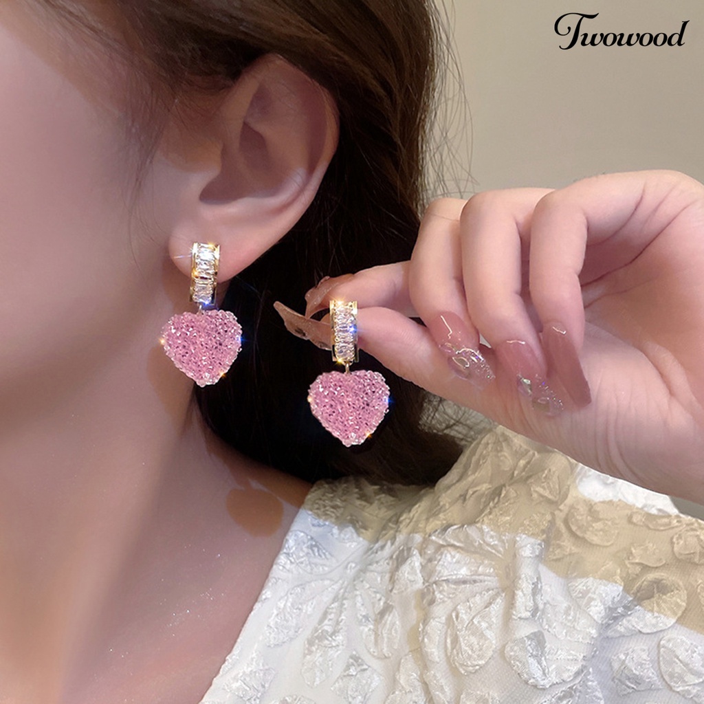 1 Pasang Anting Stud Liontin Geometris Kubik Zirkonia Anti Pudar Warna Pink Fudge Love Untuk Wanita