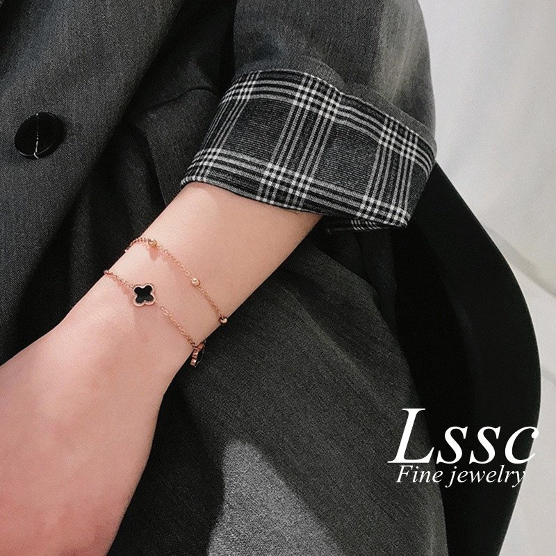 Gelang Titanium 2 Layer Wanita Anti Karat Bunga Semanggi Keberuntungan Emas 18K Fashion Korea Aksesoris