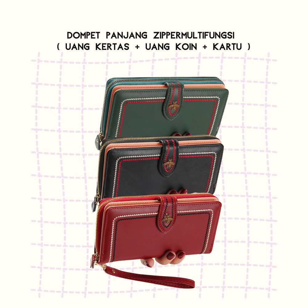 Dompet Panjang Wanita Zipper Multifungsi Fashion Kasual Dompet Tali Pendek Clutch Kulit PU Satu7an D67