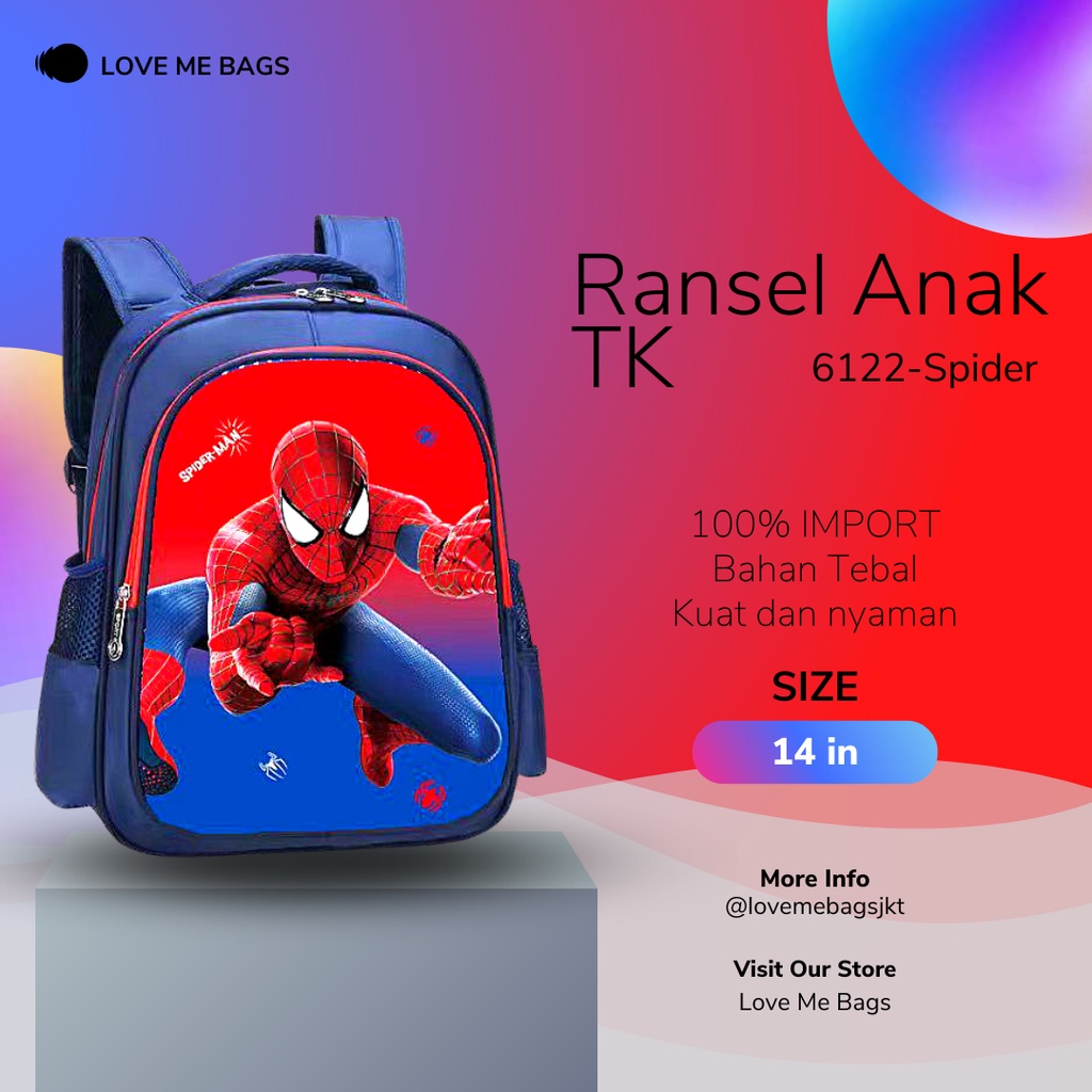 LMB Tas Anak Laki Laki TK Import Karakter Superhero Gambar Bagian Depan Timbul 6D Bahan Nilon Kualitas Premium Tebal