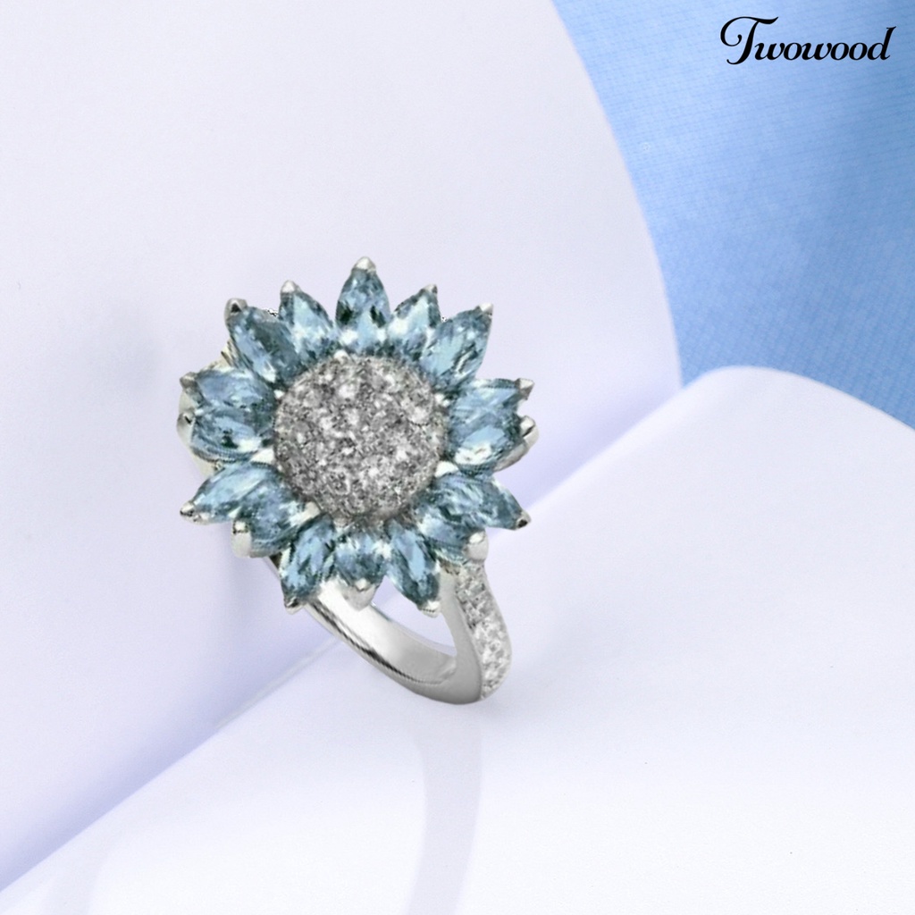 Cincin Wanita Bentuk Bunga Matahari Bahan Cubic Zirconia Warna Putih Aquamarine Untuk Pernikahan