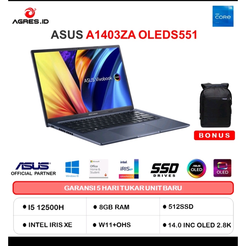 LAPTOP ASUS 14 INCH CORE 15 TYPE ASUS A 1403 ZA OLEDS 551