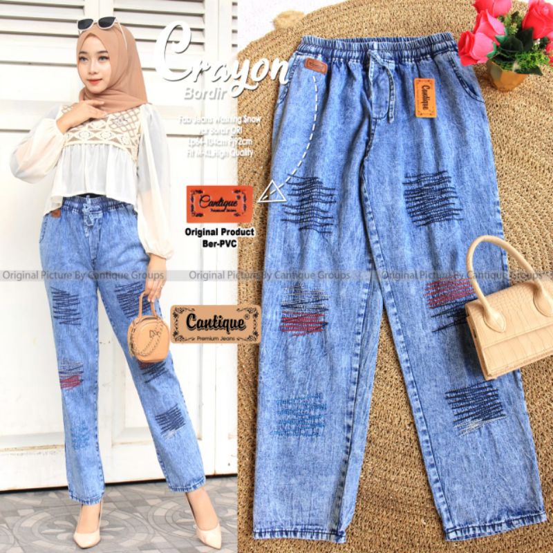 CELANA JEANS WASHING SNOW CRAYON BORDIR JUMBO LP 64-104cm WANITA HIGH WAIST PINGGANG FULL KARET  M,L