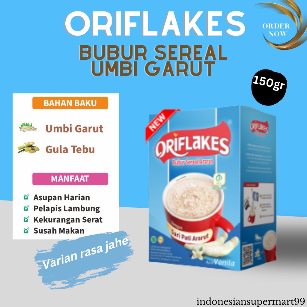 

Oriflakes Quickmeal Bubur Sereal Umbi Garut Asupan Sehat Harian Dan Solusi Asam Lambung Rasa vanila 150gr @ 5 sachet