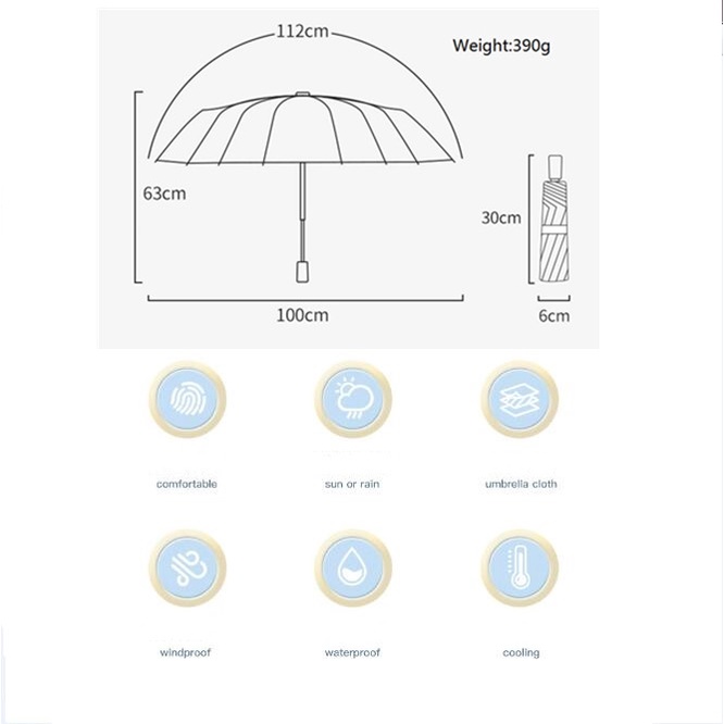 Payung Lipat Anti UV UPF50 + Bahan Titanium Silver Gagang Kayu 16 Tulang