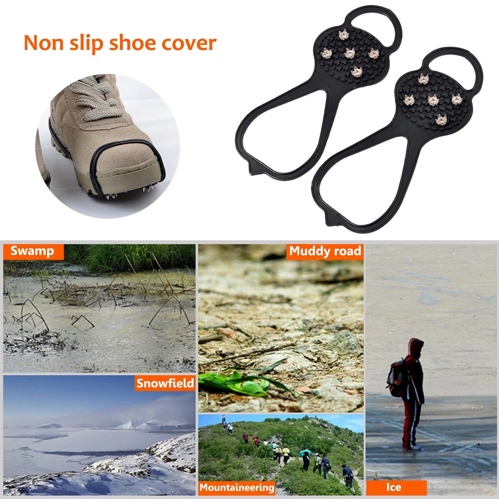 1 Pasang Cover Sepatu Crampon 5 Gigi Anti Slip Portable Unisex Dewasa Untuk Outdoor / Camping / Climbing / Hiking