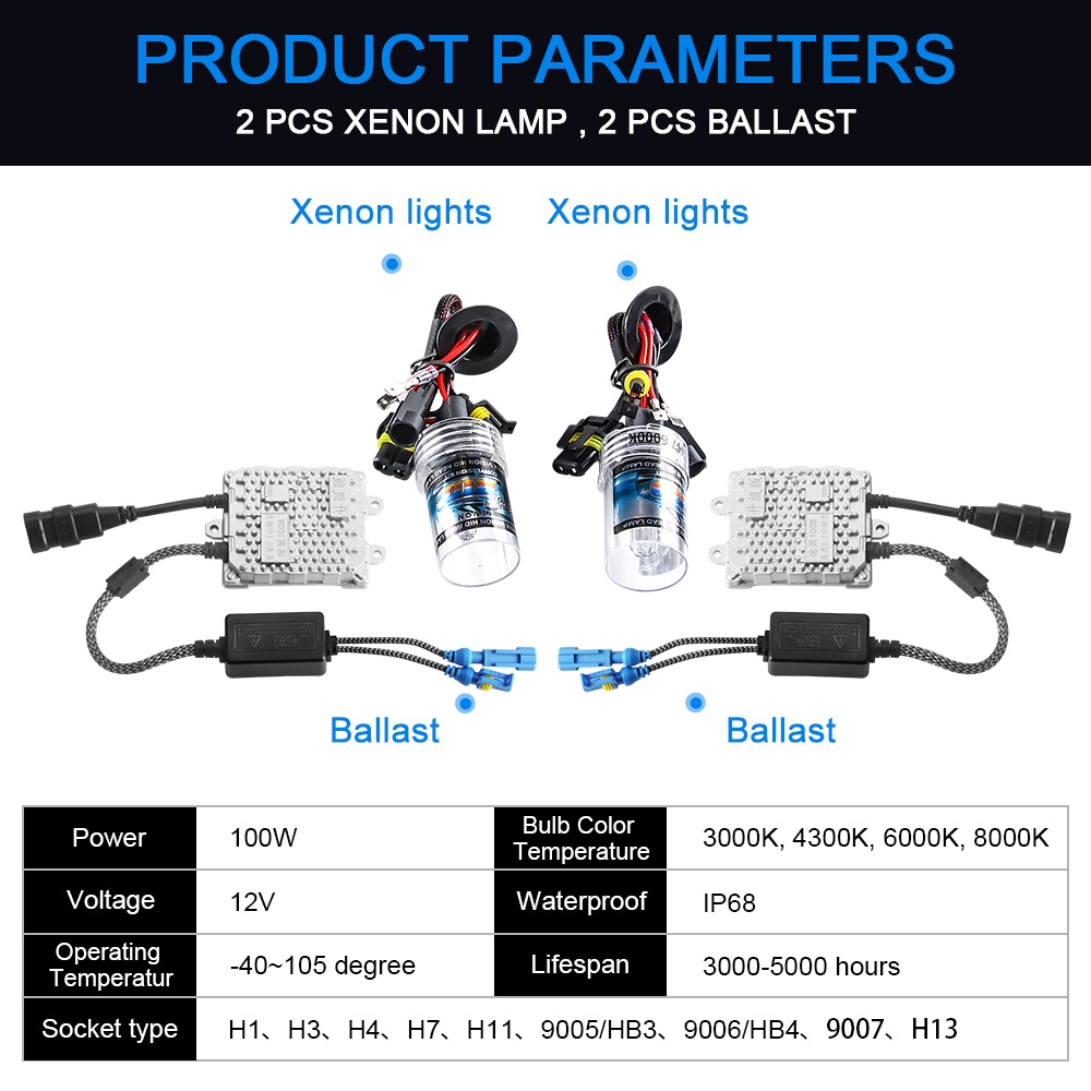 2Pcs AC 12V Xenon H7 100W Slim Ballast Kit HID Xenon Lampu Bohlam H1 H3 H4 H8 H13 9005 HB3 9006 9007 HB4 3000k 4300k 6000k 8000k