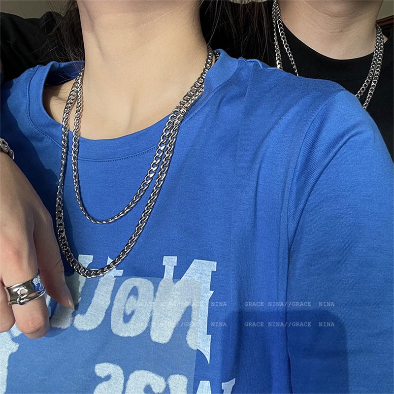 2pcs / set Kalung Rantai Overlapping Gaya Punk Hip-hop Korea Untuk Pria Dan Wanita