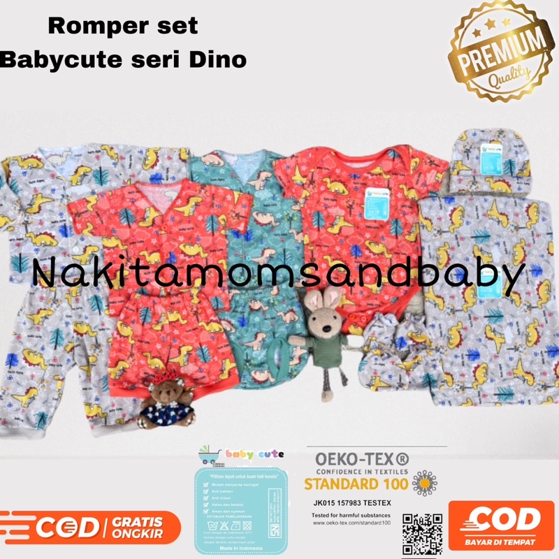 Paket Stelan Mix Dino Set Romper Swaddle Baju dan celana Bayi topi sarung tangan Baru Lahir SNI,Oeko-tex Promo 8.8