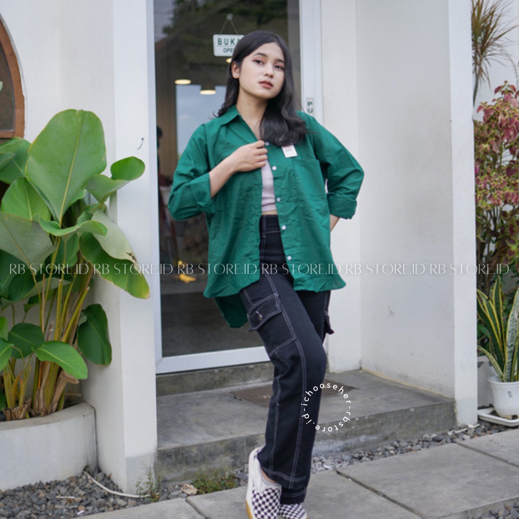 Kemeja Wanita Linen Oversize Olivia Shirt Linen Pocket-OLIVIA FOREST GREEN