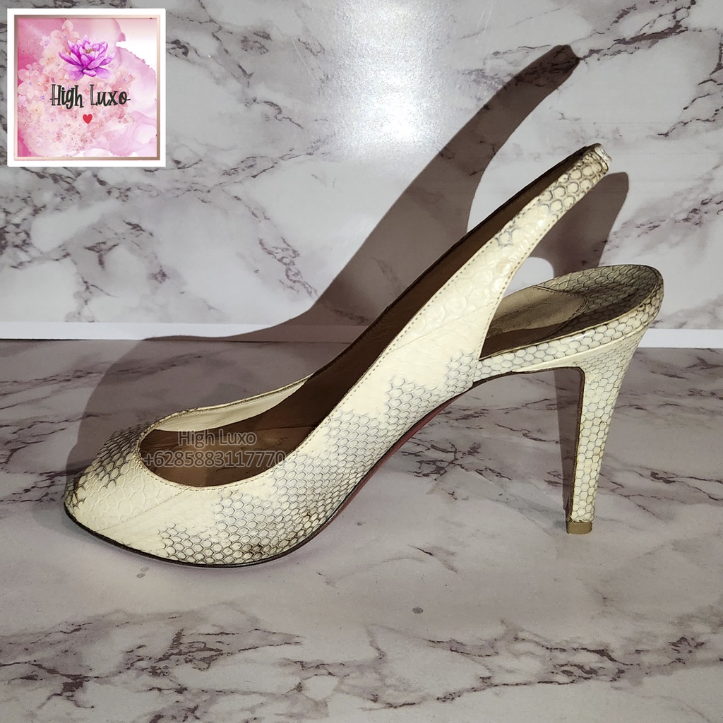 Christian Louboutin Cream Gray Snakeskin Print Slingback Peep Toe 110mm Heels Size 37 Kulit ORIGINAL