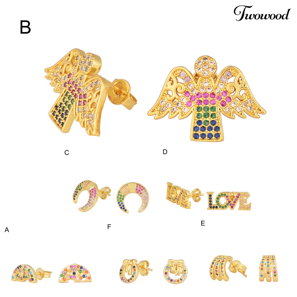 1 Pasang Anting Stud Berlian Imitasi Warna-Warni Bahan Alloy Untuk Hadiah