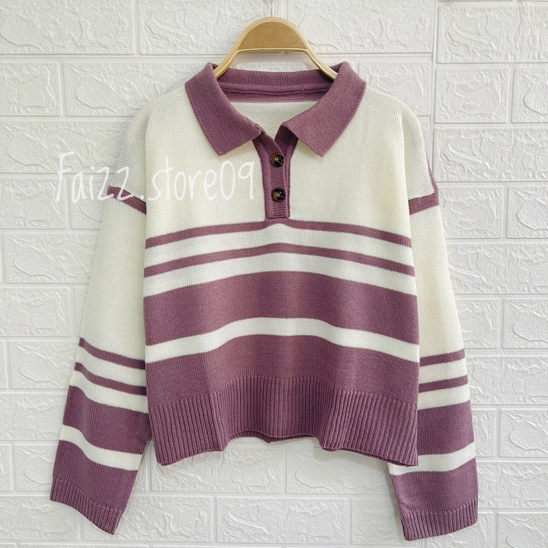 PEPONI Sweater Rajut Oversize Kerah Polo Kancing Stripe Premium Korean