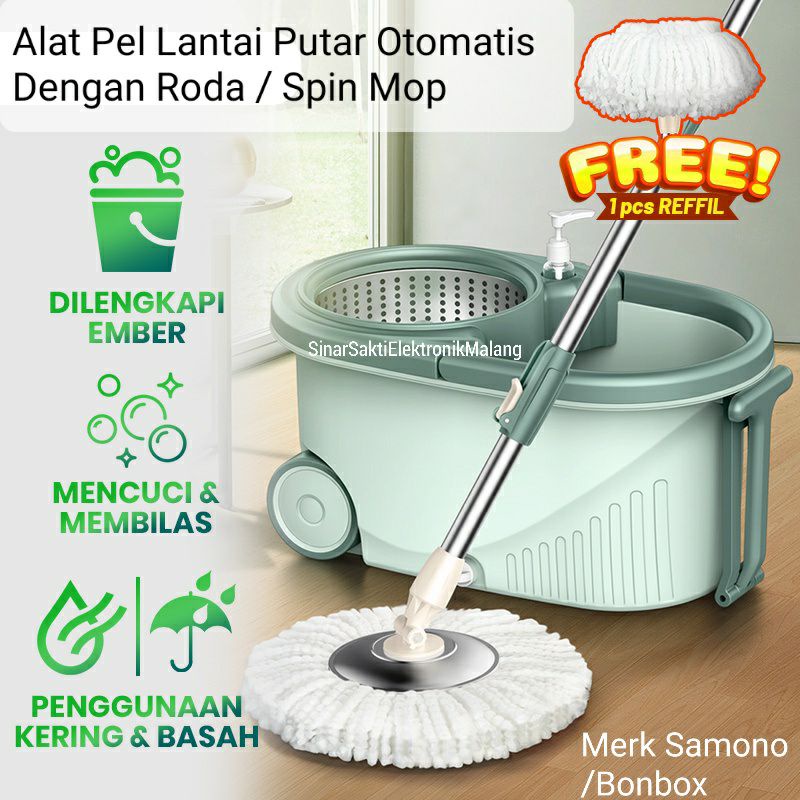 Alat Sapu Pel Lantai Putar Otomatis Super Spin Mop Dengan Roda Samono