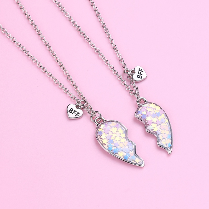 Fancyqube 2pcs / Set Kalung Rantai Liontin Bentuk Hati Dan Bintang Aksen Payet Untuk Teman