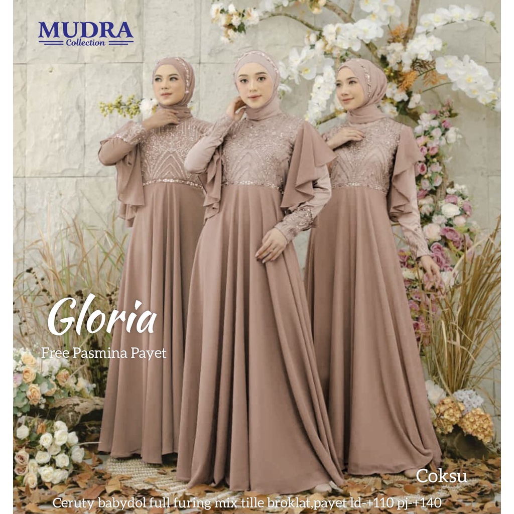 GLORIA DRESS GAMIS BRUKAT WANITA ORI BY MUDRA HIJAB  GAMIS PESTA KONDANGAN ORIGINAL