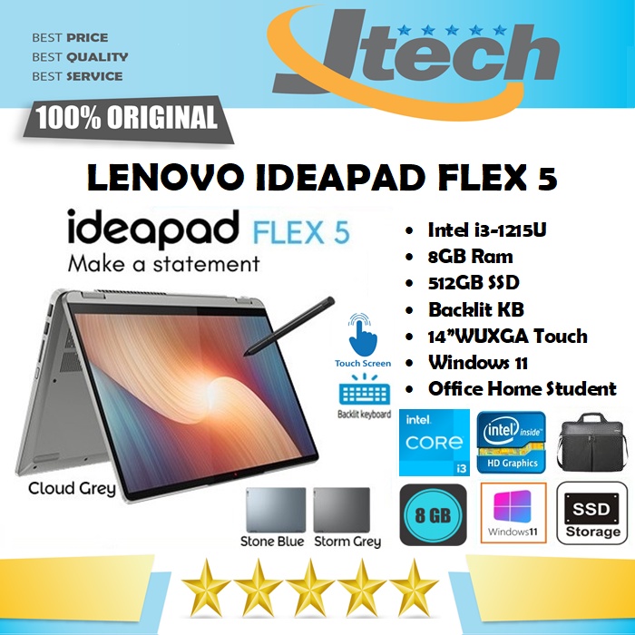 LENOVO IDEAPAD FLEX 5i - i3-1215U - 8GB - 512GB SSD - BACKLIT  - 14&quot;WUXGA IPS TOUCH - WIN11 - OFFICE HOME STUDENT