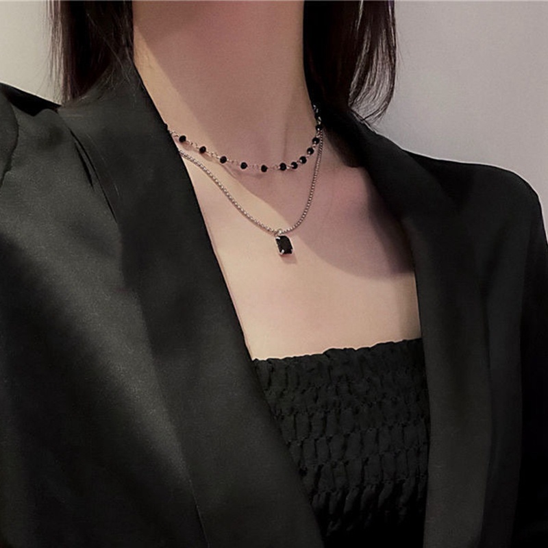 Fancyqube Kalung Choker Manik-Manik Geometris Lapisan Ganda Warna Silver Untuk Wanita