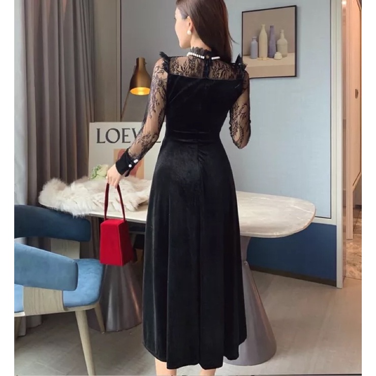 [Premium Actress Series] IU Lee Ji Eun LBD Black Velvet Dress with Lace Combination Import Premium