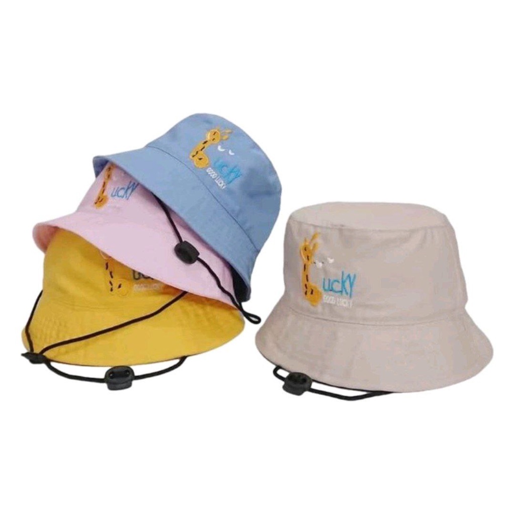 TOPI BUCKET ANAK KARAKTER GOOD LUCKY ADA TALI FREE BORDIR NAMA CEWE/COWO