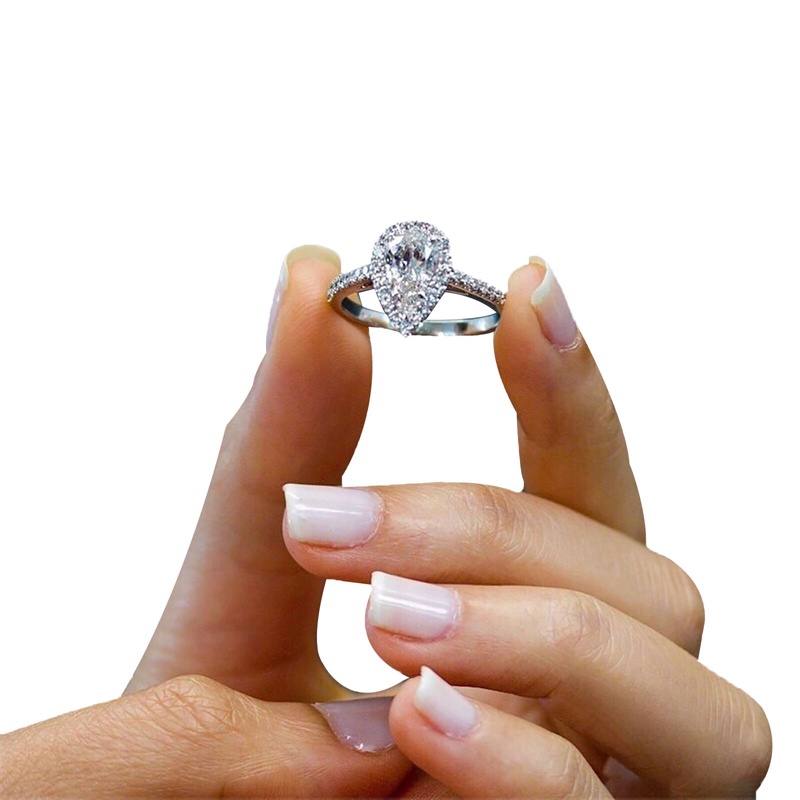 Fancyqube Cincin Silver Cubic Zirconia Berlian Imitasi Bentuk Tetesan Air Untuk Pengantin