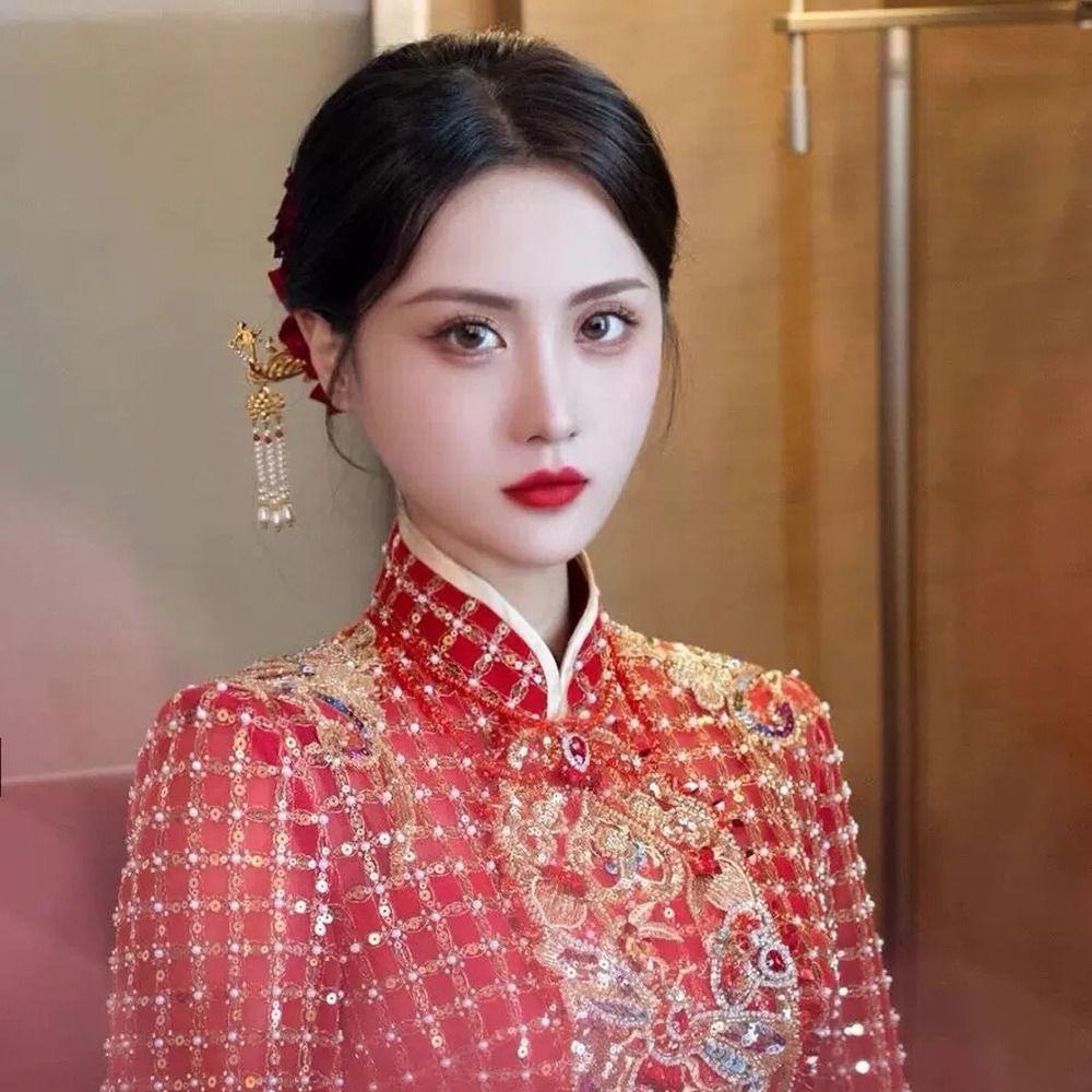 Agustina Wanita Hanfu Jepit Rambut Untuk Gadis Bulang Retro Mutiara Bridal Bunga Burung Rumbai Rambut Cina Garpu