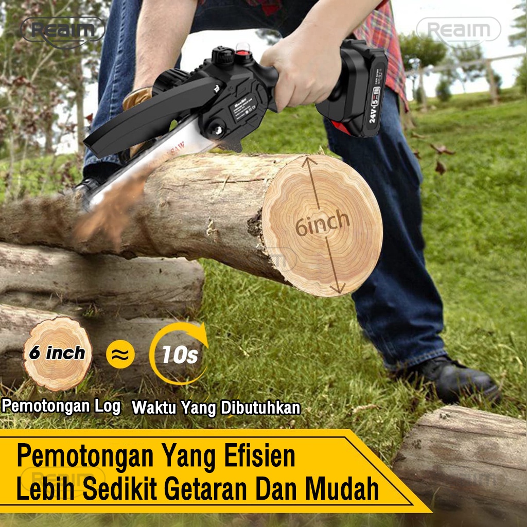 Reaim Mini Chainsaw, 6-Inch Cordless Chainsaw, Gergaji Listrik Rantai Elektrik Mini Portable Handheld Chain Saw with Rechargeable Battery for Wood Cutting, Tree Branches Shears Pruning (Black)