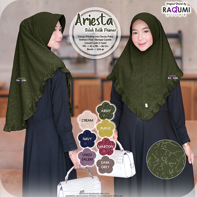 Ariesta Bolak Balik Khimar Original Raqumi Hijab Ceruty Premium Anthem Pad