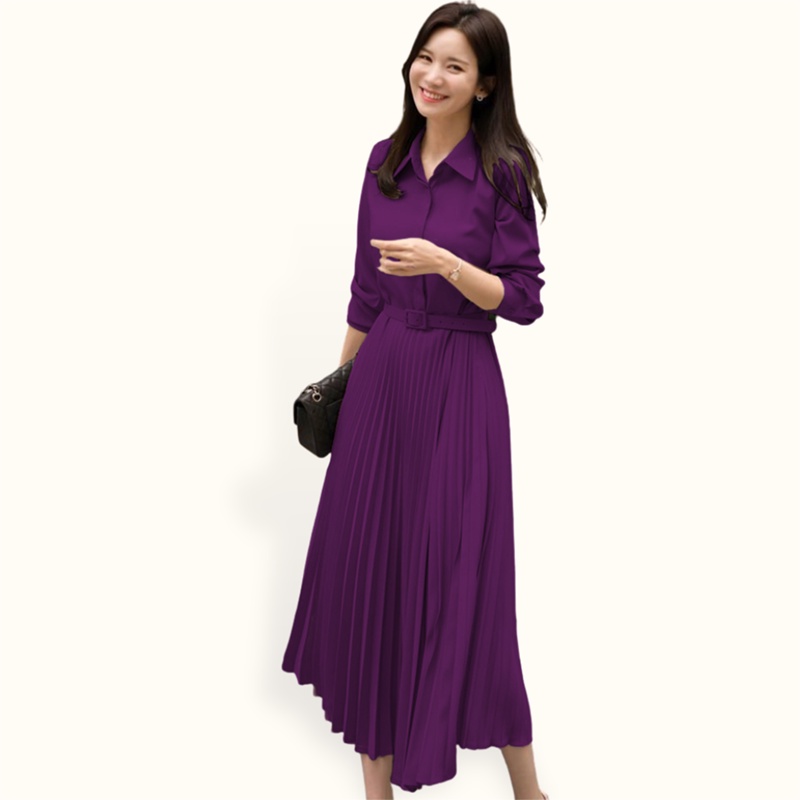 Long Dress ploi plisket lengan panjang wanita gaya korea model terbaru - XSHOP Gracelina