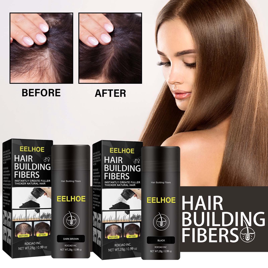 EELHOE Hair Building Fibers 28Gr for Men and Women- Serbuk Penebal Rambut Tipis (Hitam / Dark Brown)